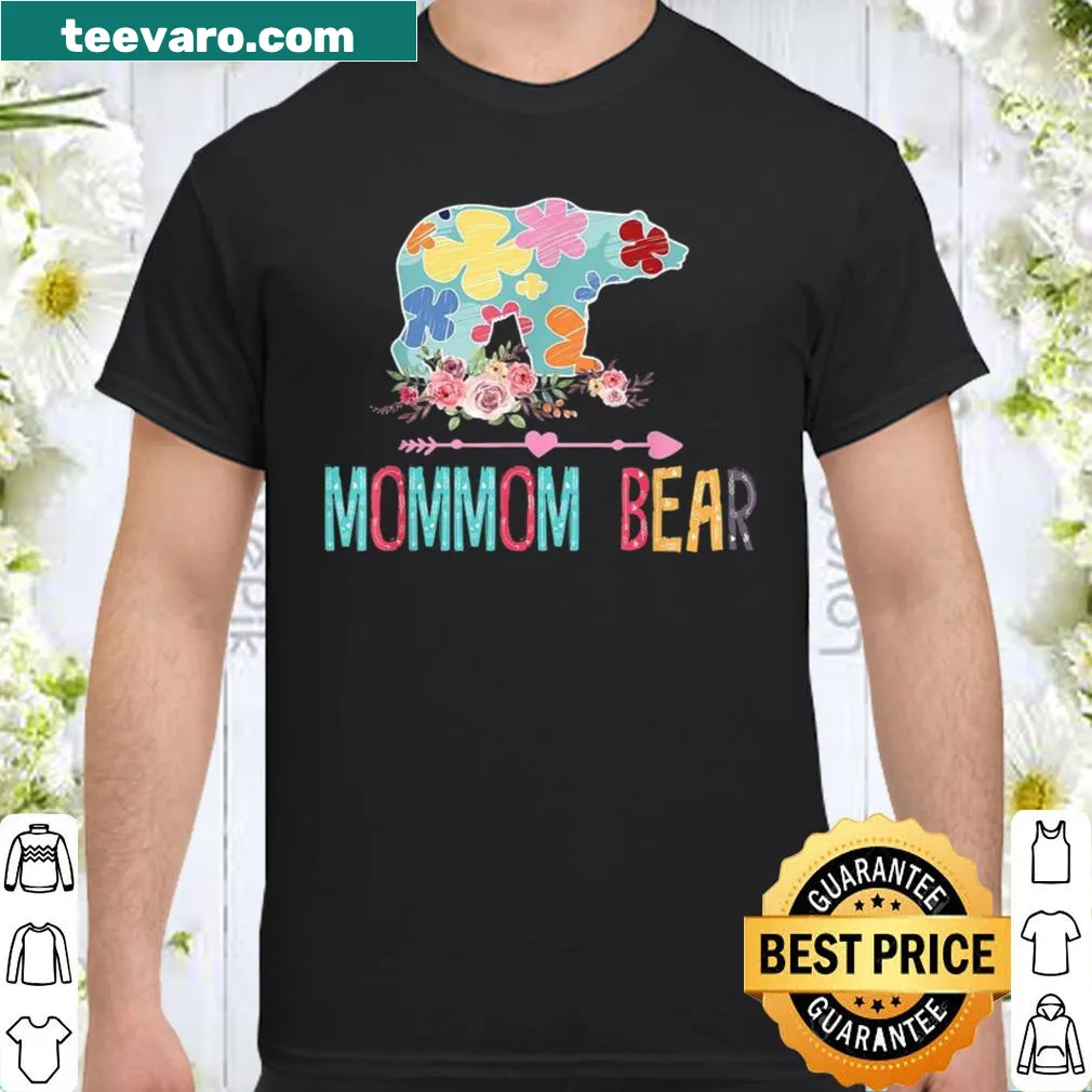Floral design shirt with 'Mommom Bear' text and bear illustration