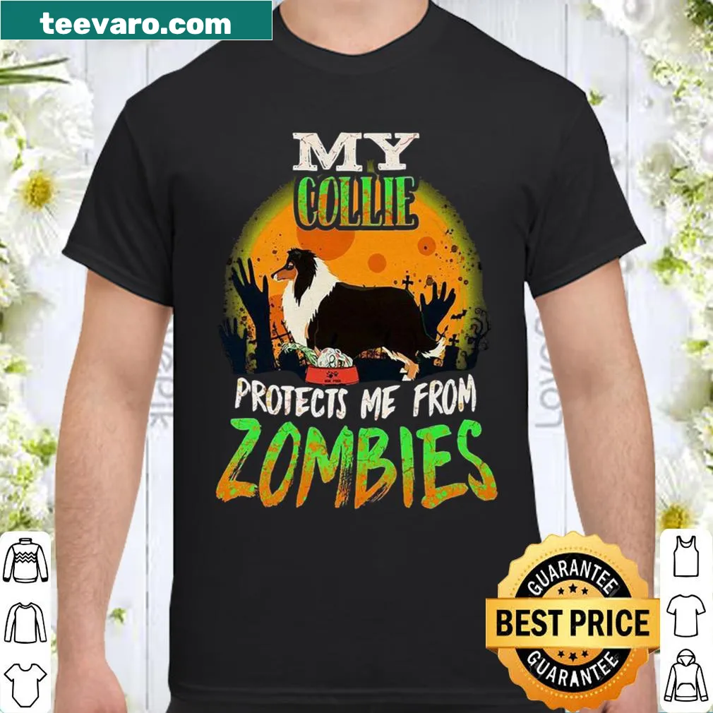 Funny shirt with a Collie protecting against cartoon zombies