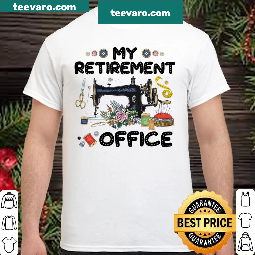 Sewing tools and flowers graphic on a retirement-themed shirt