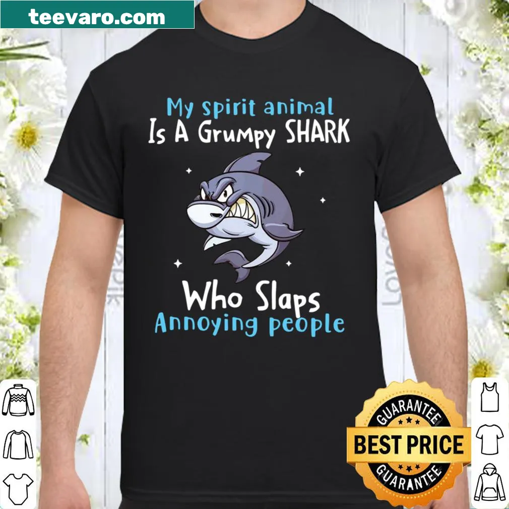 Humorous shirt with a grumpy shark holding wine and funny text