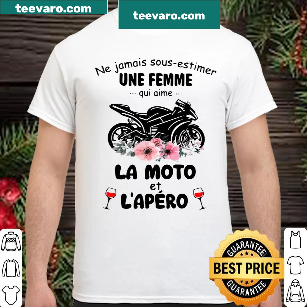 French text design stating never underestimate a woman who loves motorcycles and good times