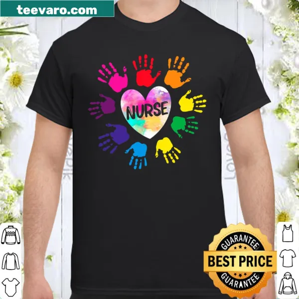 Illustrative T-shirt for nurses featuring caring hands and a heart
