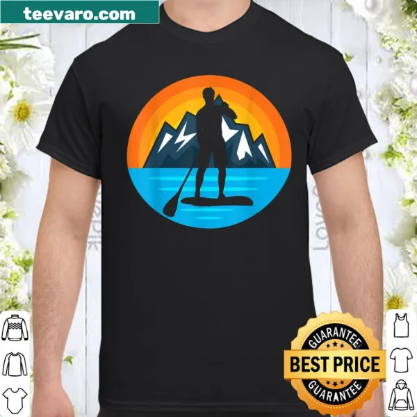 Outdoor-themed shirt featuring paddleboarding at sunset with mountains.