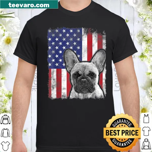 French bulldog with American flag design on shirt