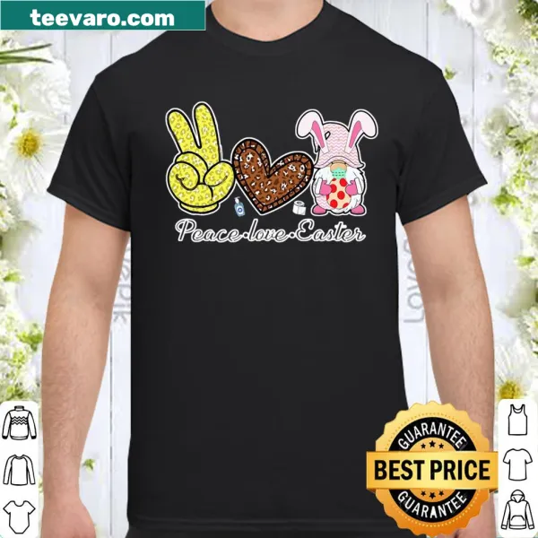 Easter shirt with 'Peace Love Easter' text and playful illustrations