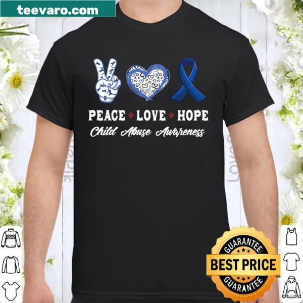 Child abuse awareness t-shirt with the phrases Peace, Love, and Hope