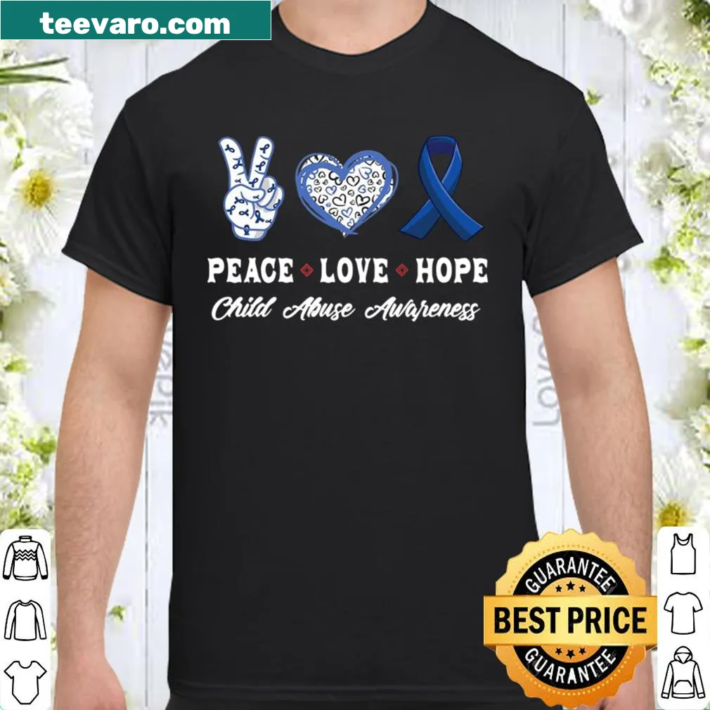 Child abuse awareness t-shirt with the phrases Peace, Love, and Hope