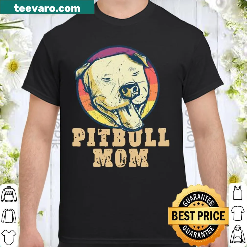 Vintage-style shirt with a smiling pitbull graphic and sunset design.