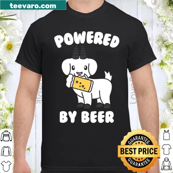 Playful goat illustration on Powered By Beer pet shirt