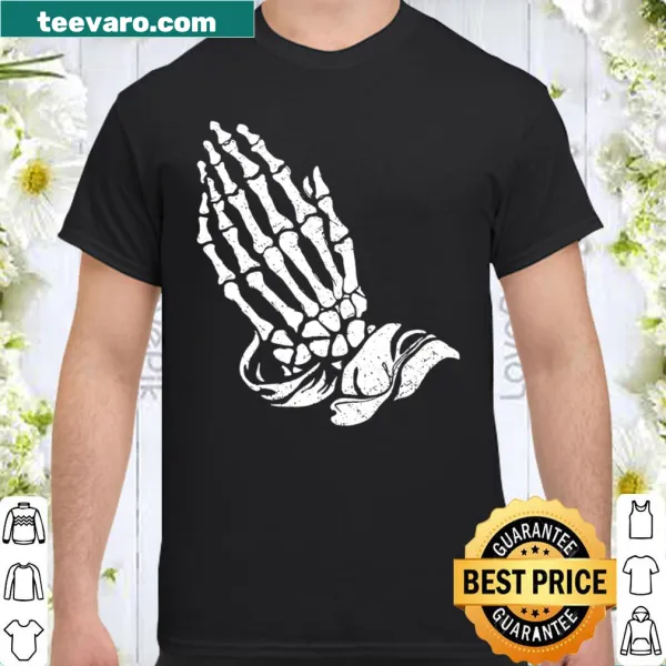 T-shirt featuring praying skeleton hands illustration with a spiritual theme