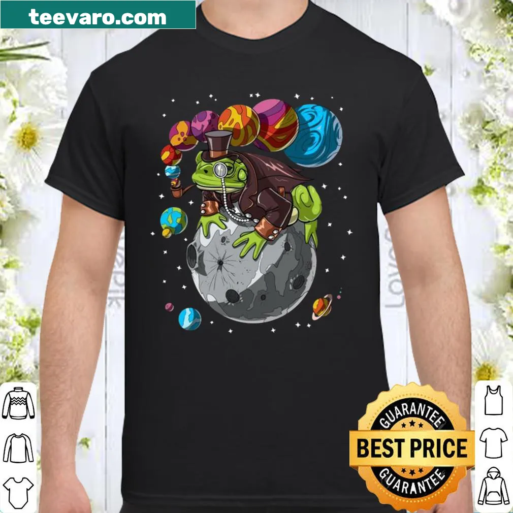 Cartoon frog in a steampunk space scene T-shirt design