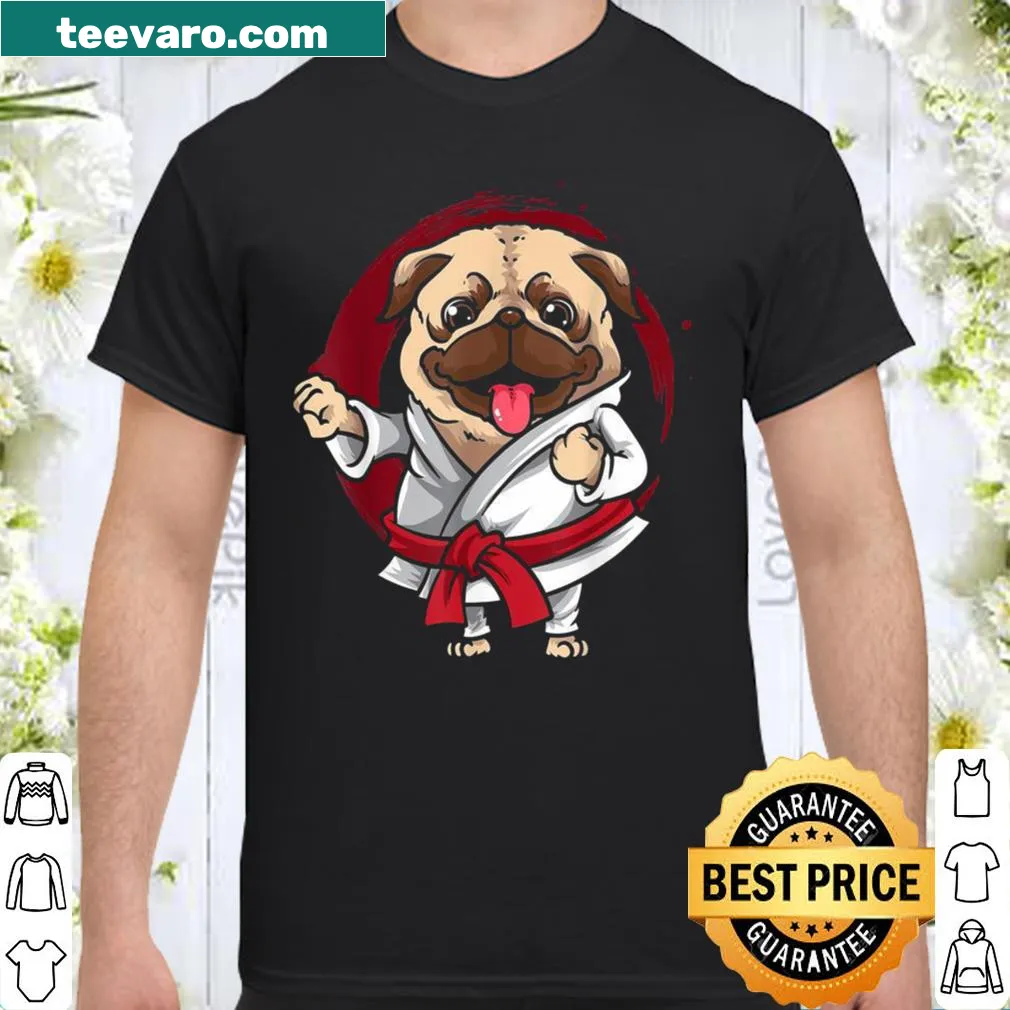 Cartoon pug wearing a red karate belt in a playful design.