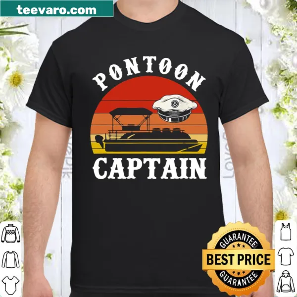 Retro-style shirt with a captain's emblem celebrating pontoon boating