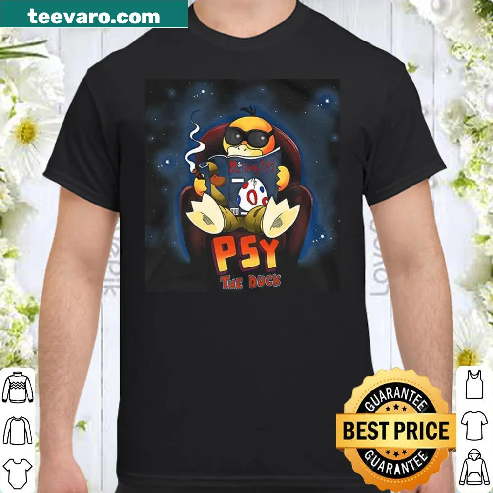 Cartoon-style shirt featuring Psy The Duck in a playful rolling pose