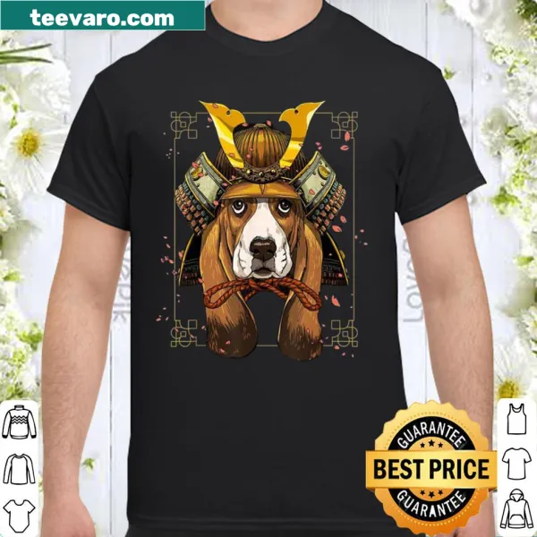 Basset Hound in samurai gear, appealing to dog lovers and martial arts fans.