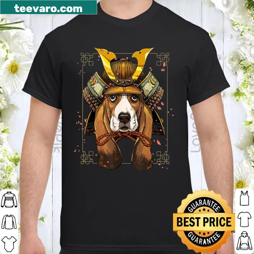 Basset Hound in samurai gear, appealing to dog lovers and martial arts fans.
