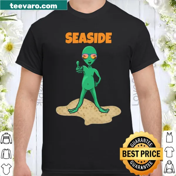 Friendly alien illustration on a seaside-themed shirt