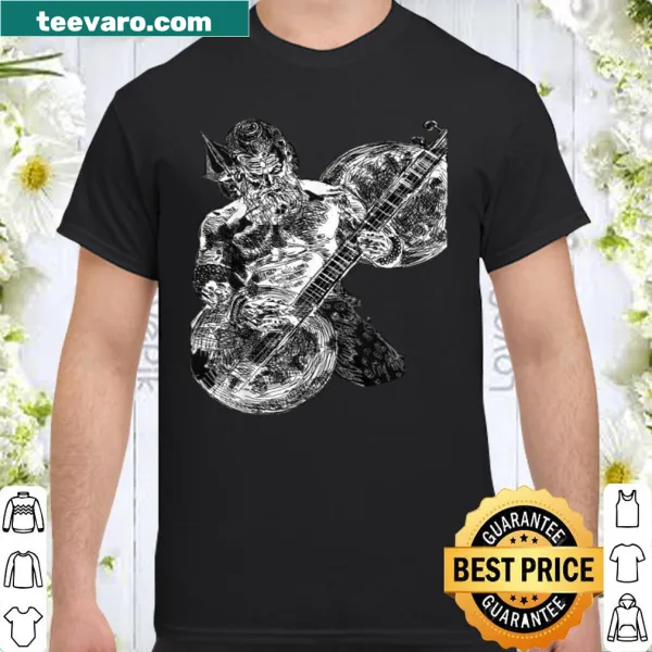 Illustration of Shiva playing the Veena on a cultural-themed shirt.