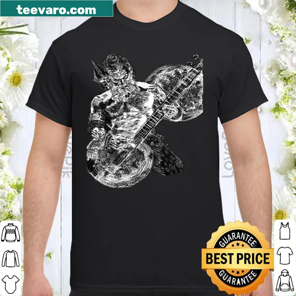 Illustration of Shiva playing the Veena on a cultural-themed shirt.