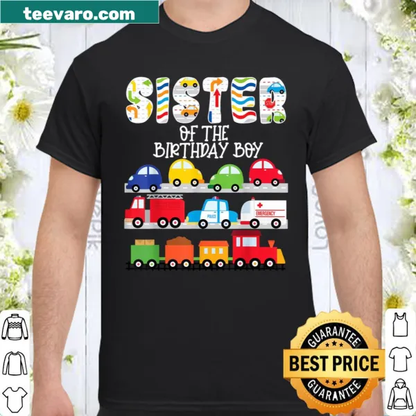 Shirt for sister of birthday boy with train cars and emergency vehicles
