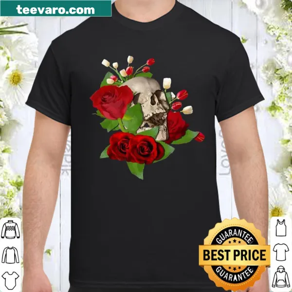 Unique art shirt featuring a skull surrounded by flowers