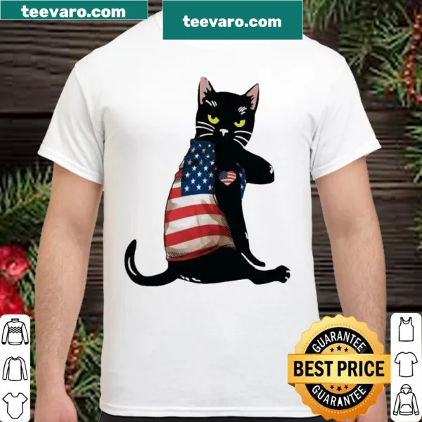 Patriotic cat graphic with American flag design on shirt