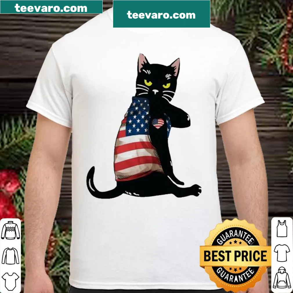 Patriotic cat graphic with American flag design on shirt