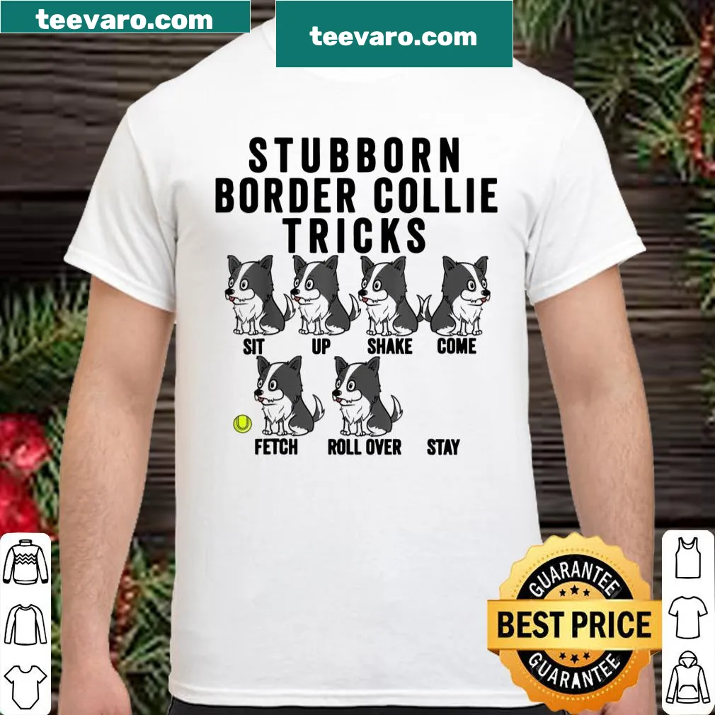 Vintage-style Stubborn Border Collie t-shirt with playful dog graphic and text