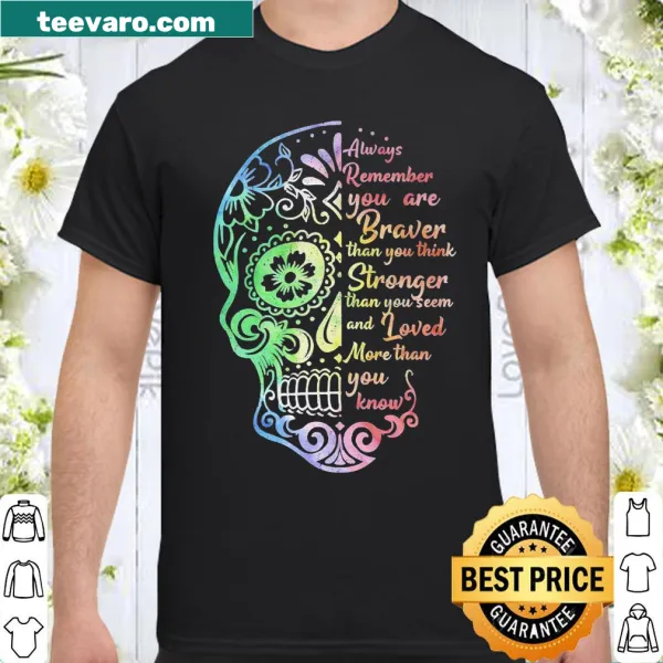 Sugar skull graphic with empowering text about bravery and strength