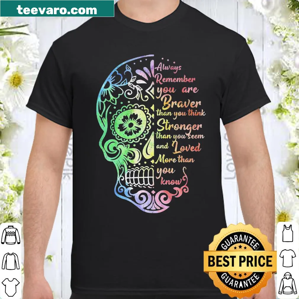 Sugar skull graphic with empowering text about bravery and strength