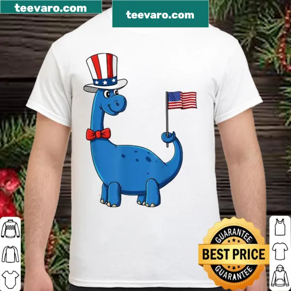 Funny T. Rex wearing an American flag for July Fourth celebrations.