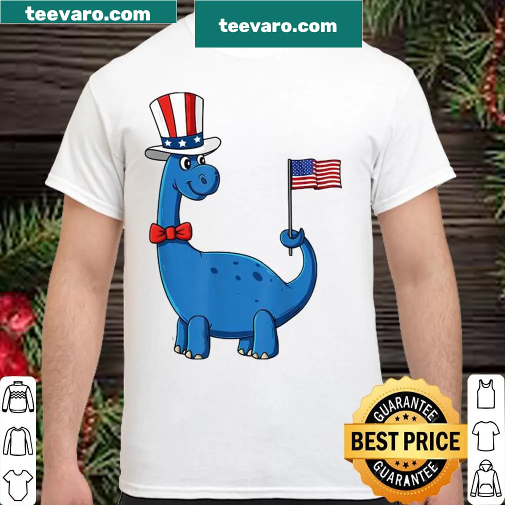 Funny T. Rex wearing an American flag for July Fourth celebrations.