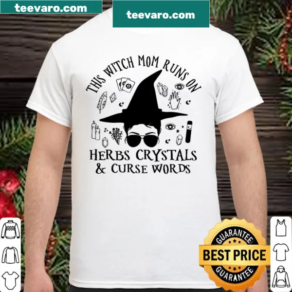 Whimsical shirt for moms with herbs, crystals, and witch-themed text