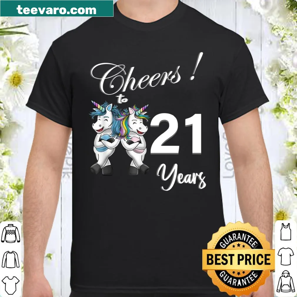 Whimsical birthday shirt with text 'Unicorn Cheers 21 Years'