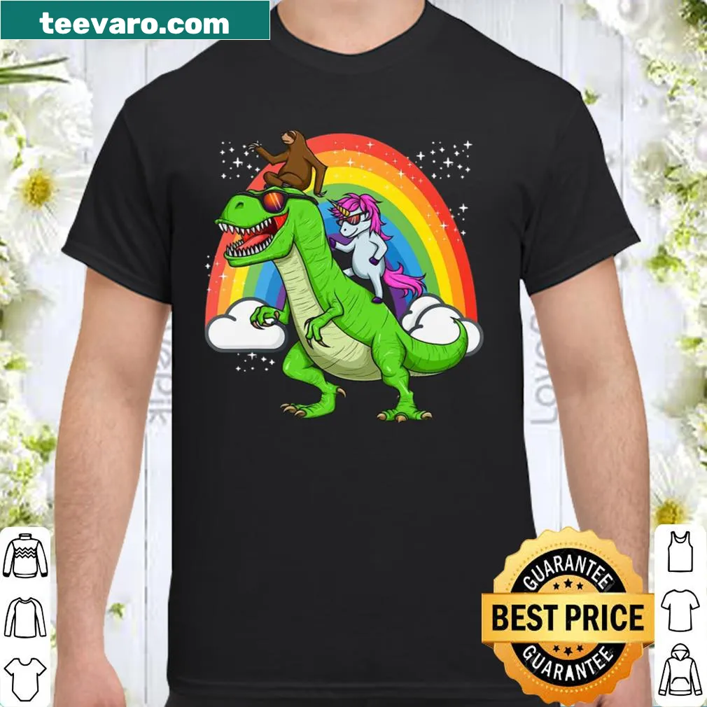 Playful illustration of a unicorn sloth riding a T-Rex