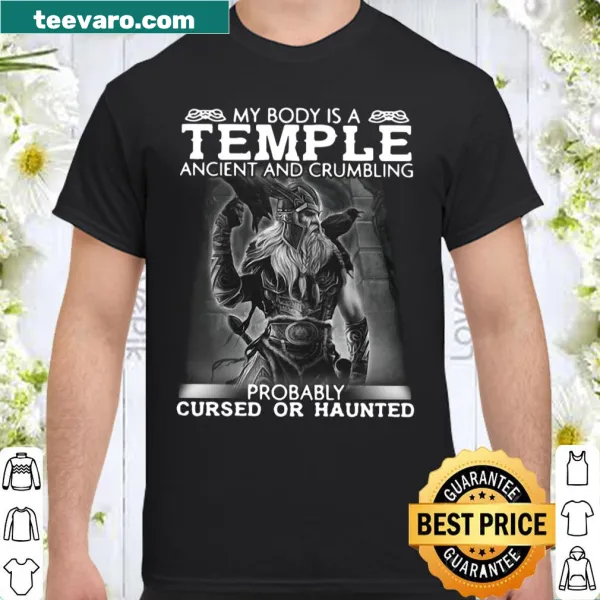 Humorous Viking-themed shirt declaring 'My Body Is A Temple' with illustrations