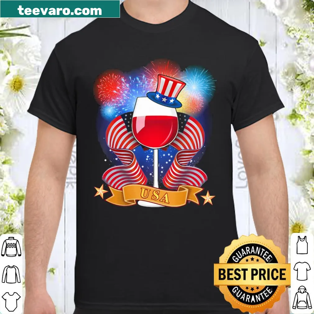 Design featuring wine, American flag, and fireworks.