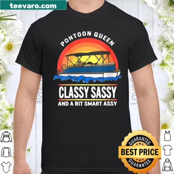 Text reads 'Pontoon Queen' on a boating-themed shirt