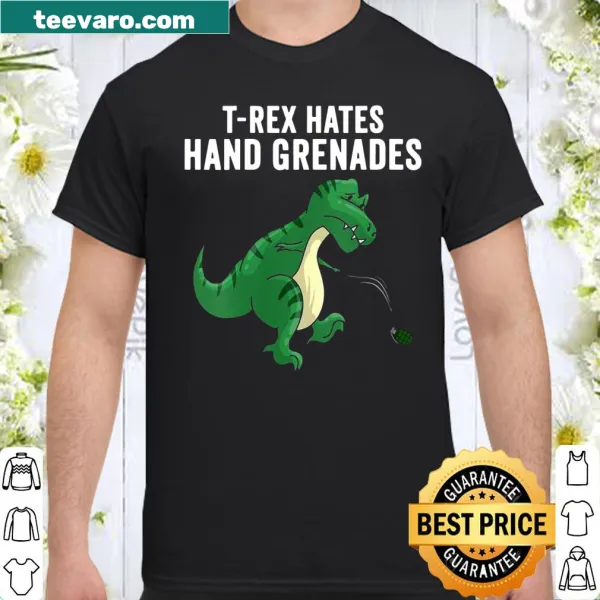 Cute dinosaur shirt depicting a T-Rex disliking hand grenades