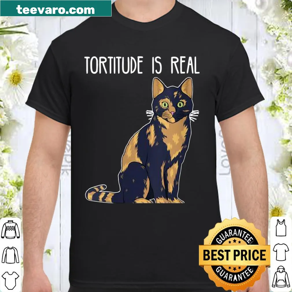 Cute illustration of a tortoiseshell cat with 'Tortitude Is Real' text