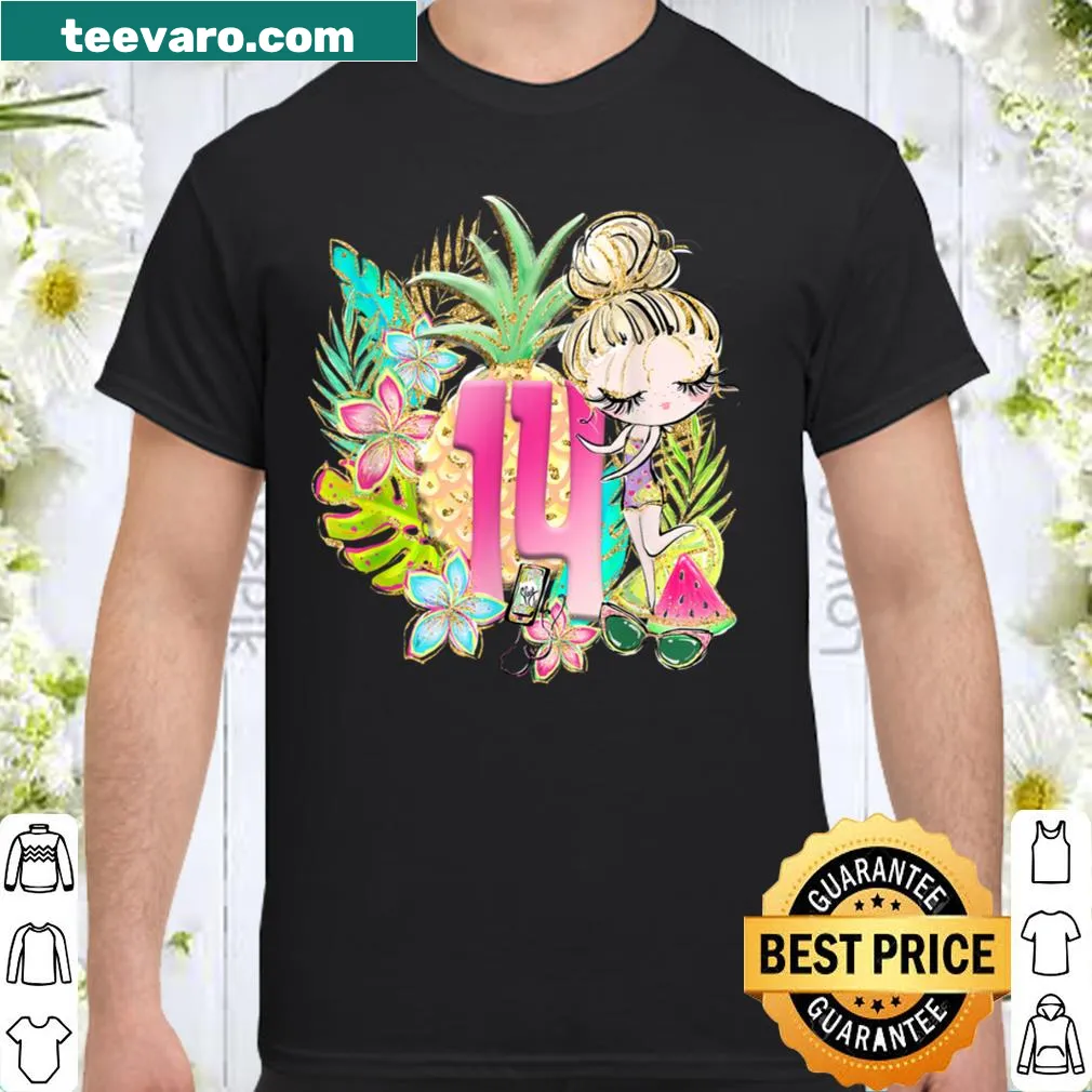 Illustration of a blonde girl at a summer pool party for a 14th birthday.