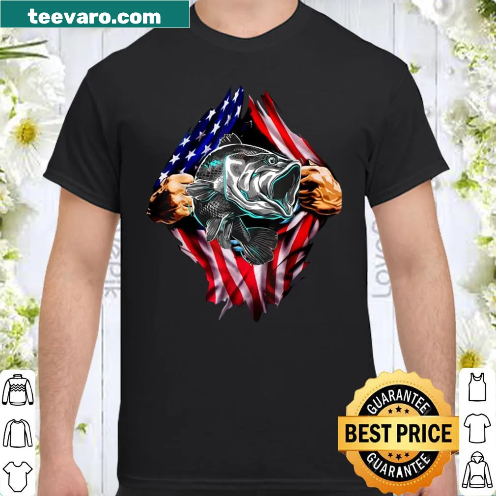 Vintage-style shirt featuring American flag and fishing theme