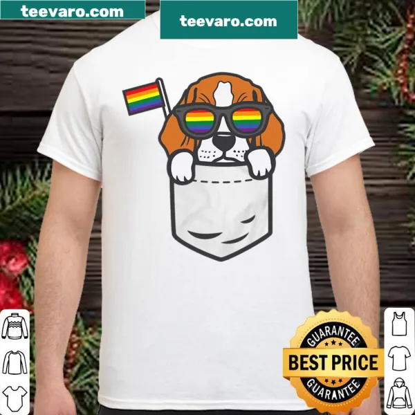 Beagle with rainbow flag pocket design for dog lovers.