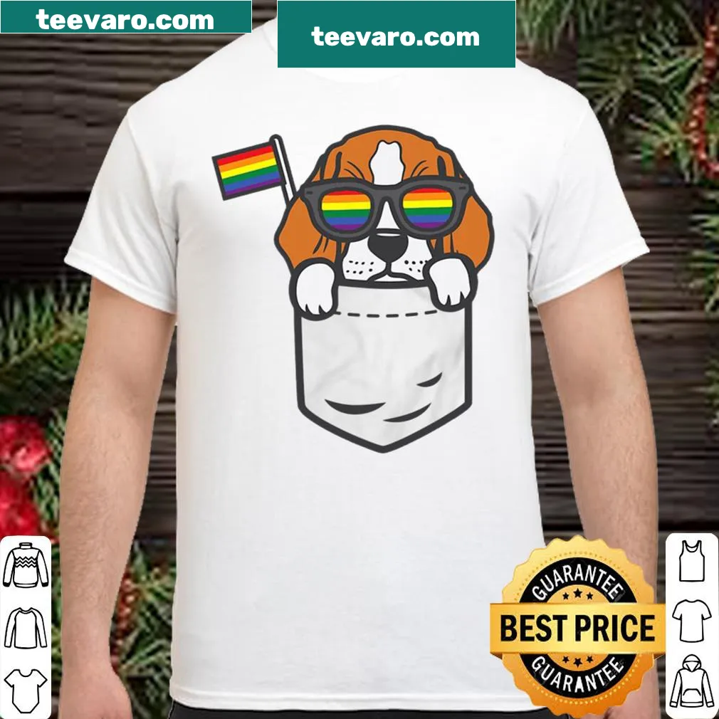 Beagle with rainbow flag pocket design for dog lovers.