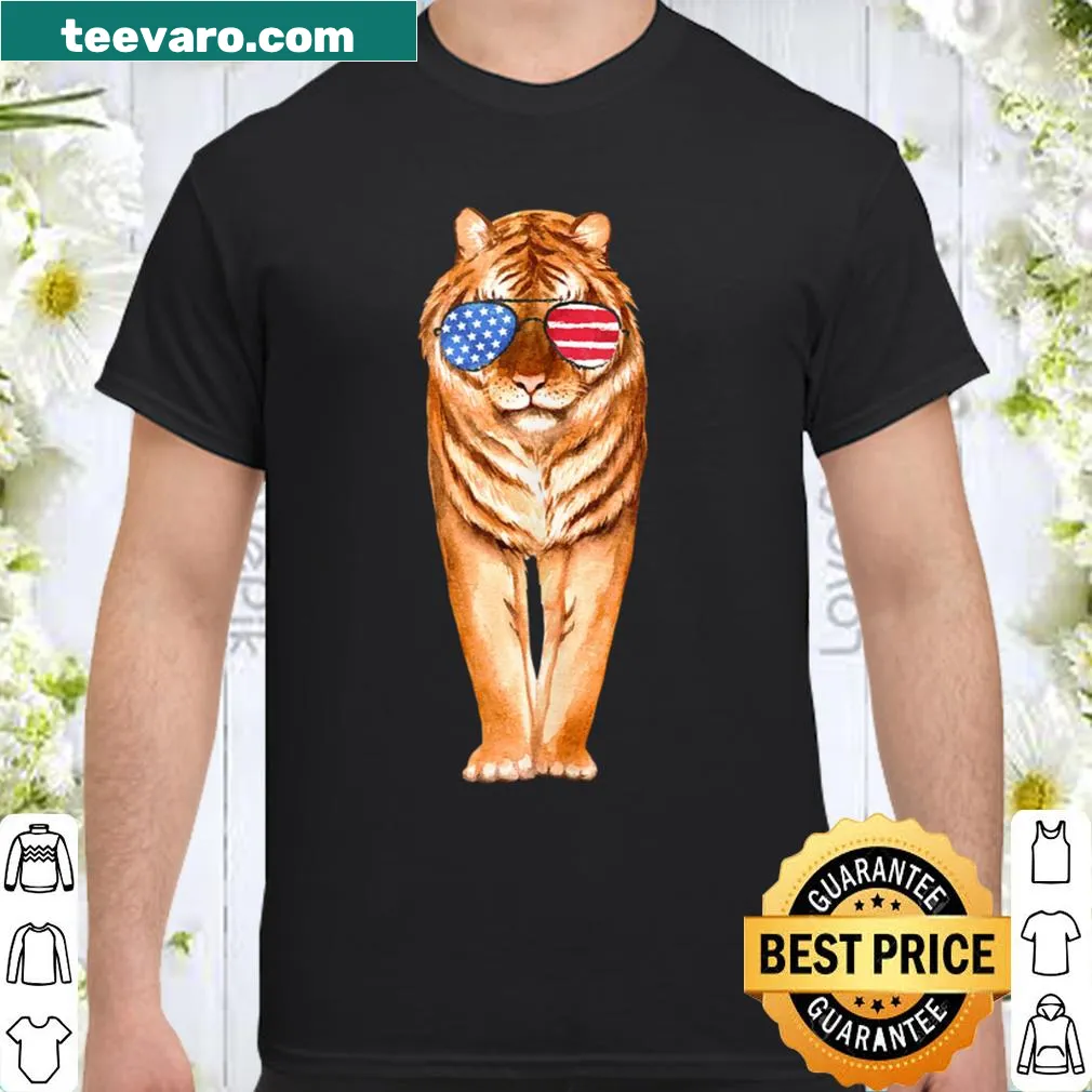 Tiger wearing sunglasses with American flag design