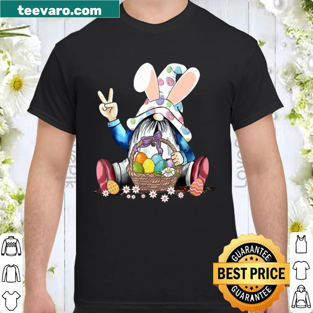 Illustration of a gnome hugging a bunny with Easter eggs