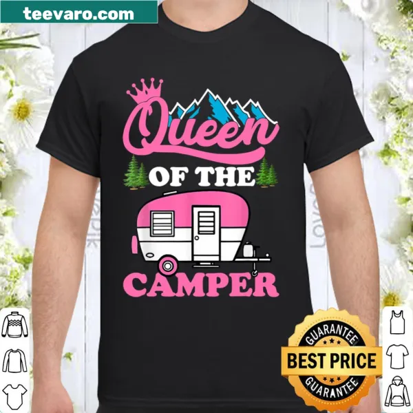 Graphic tee declaring 'Queen of the Camper' with playful camping motifs.