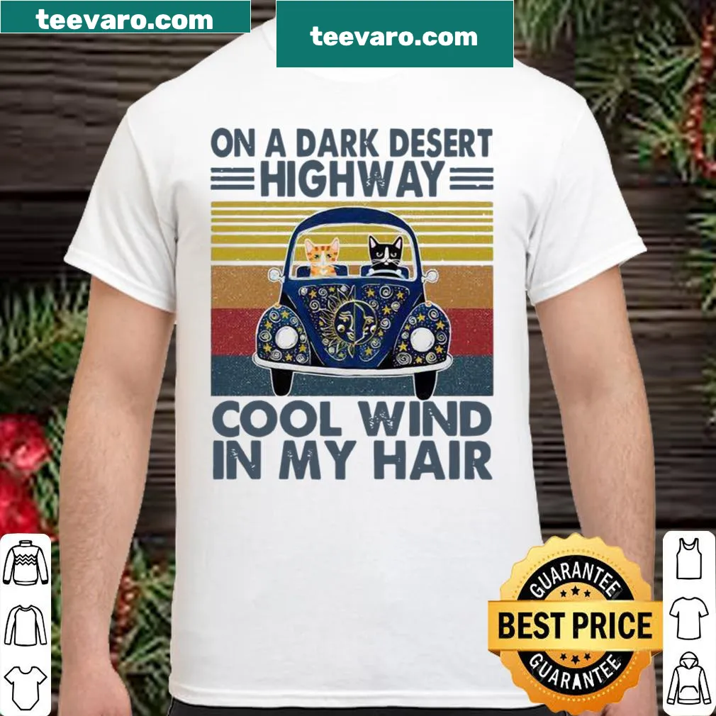 Whimsical shirt with a cat on a desert highway.