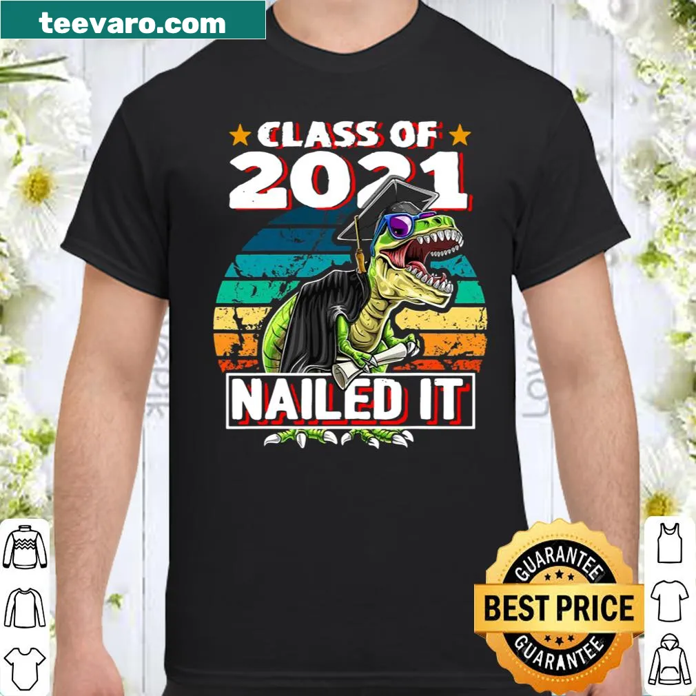 Graduation shirt featuring a T-Rex in cap and gown with 'Class Of 2021' text