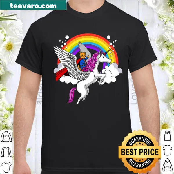 Whimsical shirt featuring a cute cat riding a unicorn Pegasus